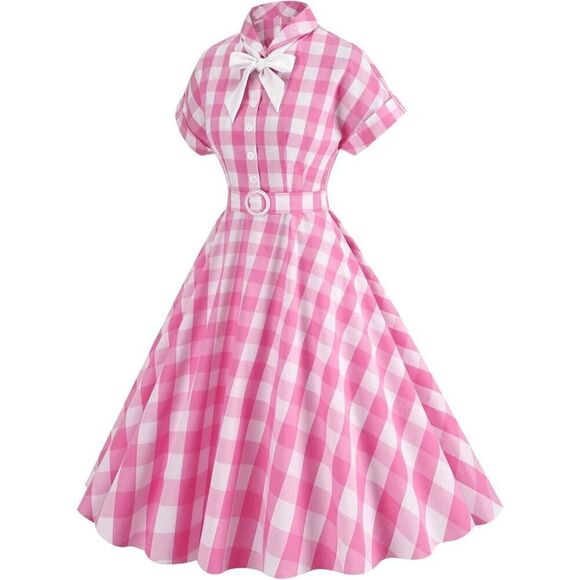 💗 NEW Pinup Retro Rockabilly 1950s Collar Bow Pink Plaid Tea Dress w/Belt XXL - Picture 4 of 16